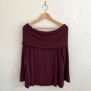 NWT‎ Three Dots Ribbed Off-Shoulder Swing Top Shiraz Burgundy Long Sleeve Medium